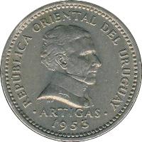 obverse of 10 Centésimos (1953 - 1959) coin with KM# 35 from Uruguay. Inscription: REPÚPBLICA ORIENTAL DEL URUGUAY .ARTIGAS. 1953