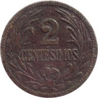 reverse of 2 Centésimos (1901 - 1941) coin with KM# 20 from Uruguay. Inscription: 2 CENTÉSIMOS