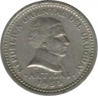 obverse of 2 Centésimos (1953) coin with KM# 33 from Uruguay. Inscription: REPUBLICA ORIENTAL DEL URUGUAY ARTIGAS 1953
