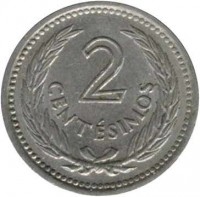reverse of 2 Centésimos (1953) coin with KM# 33 from Uruguay. Inscription: 2 CENTÉSIMOS