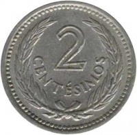 Uruguay coin 2 Centésimos (1953) reverse reverse of 2 Centésimos (1953) coin with KM# 33 from Uruguay. Inscription: 2 CENTÉSIMOS