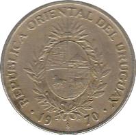 Uruguay coin 50 Pesos (1970) obverse obverse of 50 Pesos (1970) coin with KM# 57 from Uruguay. Inscription: REPUBLICA ORIENTAL DEL URUGUAY · 19 So 70 ·