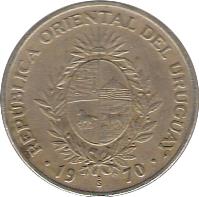 obverse of 50 Pesos (1970) coin with KM# 57 from Uruguay. Inscription: REPUBLICA ORIENTAL DEL URUGUAY · 19 So 70 ·