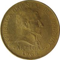 obverse of 5 Pesos (1968) coin with KM# 50 from Uruguay. Inscription: REPÚBLICA ORIENTAL DEL URUGUAY ARTIGAS 1968