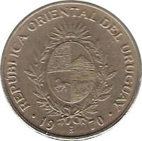 obverse of 20 Pesos (1970) coin with KM# 56 from Uruguay. Inscription: REPUBLICA ORIENTAL DEL URUGUAY · 19 So 70 ·