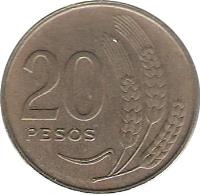reverse of 20 Pesos (1970) coin with KM# 56 from Uruguay. Inscription: 20 PESOS