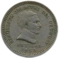 obverse of 5 Centésimos (1953) coin with KM# 34 from Uruguay. Inscription: REPUBLICA ORIENTAL DEL URUGUAY . ARTIGAS . 1953