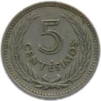 Uruguay coin 5 Centésimos (1953) reverse reverse of 5 Centésimos (1953) coin with KM# 34 from Uruguay. Inscription: 5 CENTÉSIMOS
