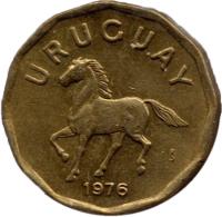 obverse of 10 Centésimos (1976 - 1981) coin with KM# 66 from Uruguay. Inscription: URUGUAY So 1976