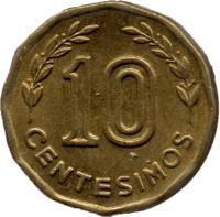 reverse of 10 Centésimos (1976 - 1981) coin with KM# 66 from Uruguay. Inscription: 10 CENTESIMOS