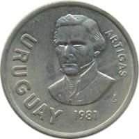 obverse of 10 Nuevos Pesos (1981) coin with KM# 79 from Uruguay. Inscription: URUGUAY ARTIGAS So 1981