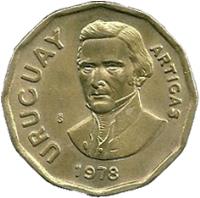 obverse of 1 Nuevo Peso (1976 - 1978) coin with KM# 69 from Uruguay. Inscription: URUGUAY So ARTIGAS 1978