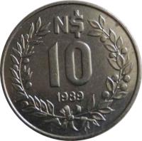 reverse of 10 Nuevos Pesos (1989) coin with KM# 93 from Uruguay. Inscription: N$ 10 1989