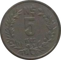 Uruguay coin 5 Nuevos Pesos (1989) reverse reverse of 5 Nuevos Pesos (1989) coin with KM# 92 from Uruguay. Inscription: N$ 5 1989