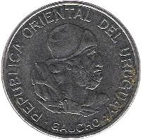 obverse of 100 Nuevo Pesos (1989) coin with KM# 96 from Uruguay. Inscription: REPUBLICA ORIENTAL DEL URUGUAY - GAUCHO -