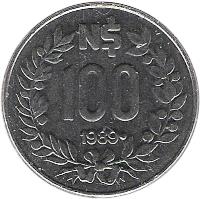 reverse of 100 Nuevo Pesos (1989) coin with KM# 96 from Uruguay. Inscription: N$ 100 1989