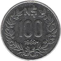 Uruguay coin 100 Nuevo Pesos (1989) reverse reverse of 100 Nuevo Pesos (1989) coin with KM# 96 from Uruguay. Inscription: N$ 100 1989
