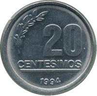 Uruguay coin 20 Centésimos (1994) reverse reverse of 20 Centésimos (1994) coin with KM# 105 from Uruguay. Inscription: 20 CENTESIMOS 1994