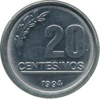 reverse of 20 Centésimos (1994) coin with KM# 105 from Uruguay. Inscription: 20 CENTESIMOS 1994