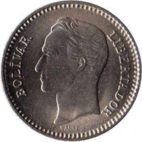 obverse of 25 Céntimos (1965) coin with Y# 40 from Venezuela. Inscription: BOLÍVAR LIBERTADOR BARRE