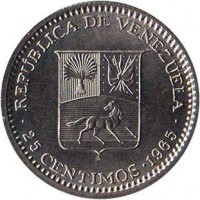 reverse of 25 Céntimos (1965) coin with Y# 40 from Venezuela. Inscription: · REPÚBLICA DE VENEZUELA · 25 CENTIMOS · 1965
