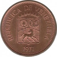obverse of 5 Céntimos (1974 - 1977) coin with Y# 49 from Venezuela. Inscription: REPUBLICA DE VENEZUELA 1977