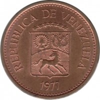 Venezuela coin 5 Céntimos (1974 - 1977) obverse obverse of 5 Céntimos (1974 - 1977) coin with Y# 49 from Venezuela. Inscription: REPUBLICA DE VENEZUELA 1977