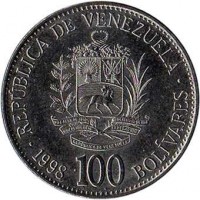 reverse of 100 Bolívares (1998 - 1999) coin with Y# 78 from Venezuela. Inscription: REPUBLICA DE VENEZUELA 1999 100 BOLIVARES