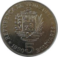 reverse of 5 Bolívares (1989 - 1990) coin with Y# 53a from Venezuela. Inscription: REPÚBLICA DE VENEZUELA * 5 BOLÍVARES * 1990 *