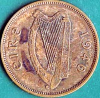 obverse of 1 Pingin (1940 - 1968) coin with KM# 11 from Ireland. Inscription: éIRe 1940