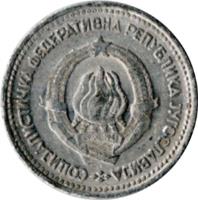 obverse of 5 Dinara - SFR legend (1963) coin with KM# 38 from Yugoslavia. Inscription: COЦИЈAЛИCTИЧKA ФЕДЕРАТИВHА РЕПУБЛИКА JУГОСЛАВИJА