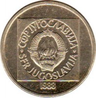 Yugoslavia coin 50 Dinara (1988 - 1989) obverse obverse of 50 Dinara (1988 - 1989) coin with KM# 133 from Yugoslavia. Inscription: СФР JУГОСЛАВИJА SFR JUGOSLAVIJA 29 · XI · 1943 1988