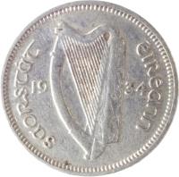 obverse of 3 Pingin (1928 - 1935) coin with KM# 4 from Ireland. Inscription: saorstat éIReann 19 34