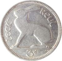 reverse of 3 Pingin (1928 - 1935) coin with KM# 4 from Ireland. Inscription: leat reul 3d