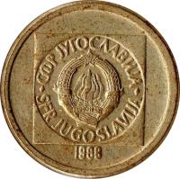 obverse of 10 Dinara (1988 - 1989) coin with KM# 131 from Yugoslavia. Inscription: СФР JУГОСЛАВИJА SFR JUGOSLAVIJA 29 · XI · 1943 1988