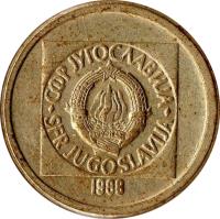 Yugoslavia coin 10 Dinara (1988 - 1989) obverse obverse of 10 Dinara (1988 - 1989) coin with KM# 131 from Yugoslavia. Inscription: СФР JУГОСЛАВИJА SFR JUGOSLAVIJA 29 · XI · 1943 1988