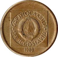 obverse of 20 Dinara (1988 - 1989) coin with KM# 132 from Yugoslavia. Inscription: 1989
