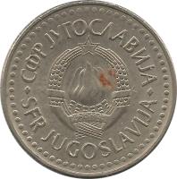 obverse of 5 Dinara (1990 - 1992) coin with KM# 144 from Yugoslavia. Inscription: СФР ЈУГОСЛАВИЈА 29 · XI · 1943 SFR JUGOSLAVIJA