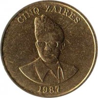 obverse of 5 Zaïres (1987) coin with KM# 14 from Zaire. Inscription: CINQ ZAIRES 1987