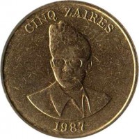 Zaire coin 5 Zaïres (1987) obverse obverse of 5 Zaïres (1987) coin with KM# 14 from Zaire. Inscription: CINQ ZAIRES 1987