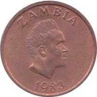 obverse of 1 Ngwee (1982 - 1983) coin with KM# 9a from Zambia. Inscription: ZAMBIA 1983