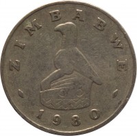 obverse of 50 Cents (1980 - 1997) coin with KM# 5 from Zimbabwe. Inscription: ZIMBABWE 1980