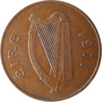 obverse of 2 Pingin (1971 - 1988) coin with KM# 21 from Ireland. Inscription: éIRe 1971