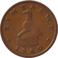 obverse of 1 Cent (1980 - 1988) coin with KM# 1 from Zimbabwe. Inscription: ZIMBABWE 1980