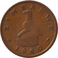 Zimbabwe coin 1 Cent (1980 - 1988) obverse obverse of 1 Cent (1980 - 1988) coin with KM# 1 from Zimbabwe. Inscription: ZIMBABWE 1980