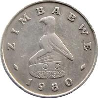 obverse of 1 Dollar (1980 - 1997) coin with KM# 6 from Zimbabwe. Inscription: ZIMBABWE 1980