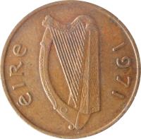 obverse of 1 Pingin (1971 - 1988) coin with KM# 20 from Ireland. Inscription: éIRe 1971