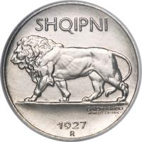 obverse of 1/4 Leku - William (1927) coin with KM# Pr17 from Albania. Inscription: SHQIPNI G · ROMAGNOLI A · MOTTI · INC · 1927 R