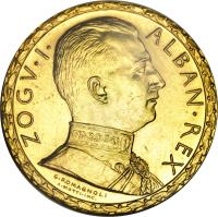 Albania coin 100 Franga Ari - Zog I (1928) obverse obverse of 100 Franga Ari - Zog I (1928) coin with KM# Pr38 from Albania. Inscription: ZOGV · I · ALBAN · REX G.ROMAGNOLI A · MOTTI · INC.