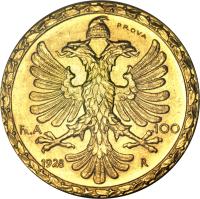 reverse of 100 Franga Ari - Zog I (1928) coin with KM# Pr38 from Albania. Inscription: PROVA FR.A 100 1928 R